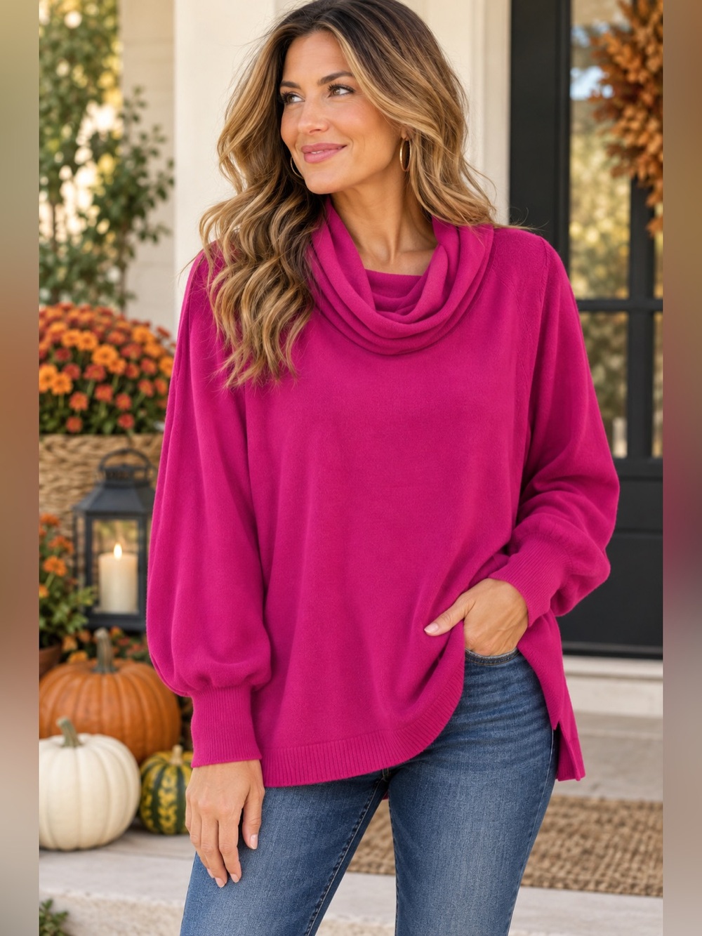 Chico’s Cowl Neck Sweater Size 3 Fuchsia Pink Cashmere Blend